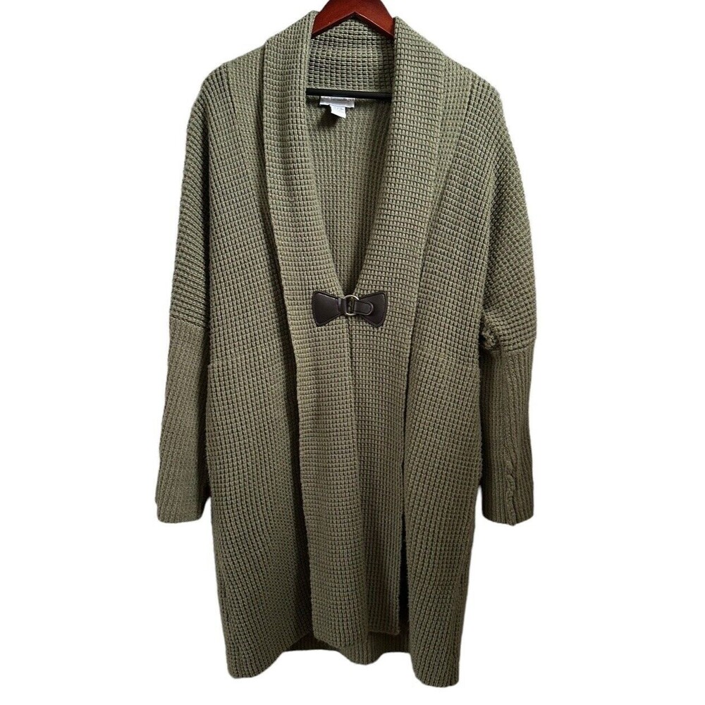 Soft Surroundings Chunky Waffle Print Cardigan Sweater Green Womens S